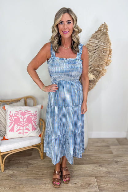 Blue Ruffle Smocked Midi Dress