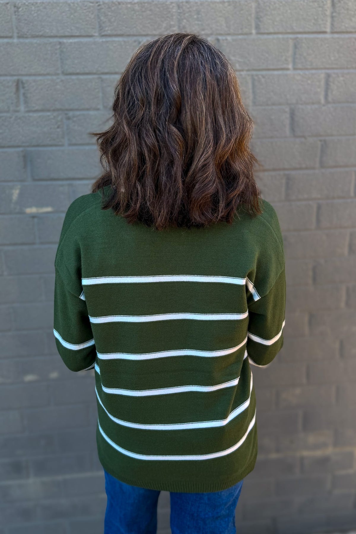 Army Green Stripe Split Neck Sweater Back