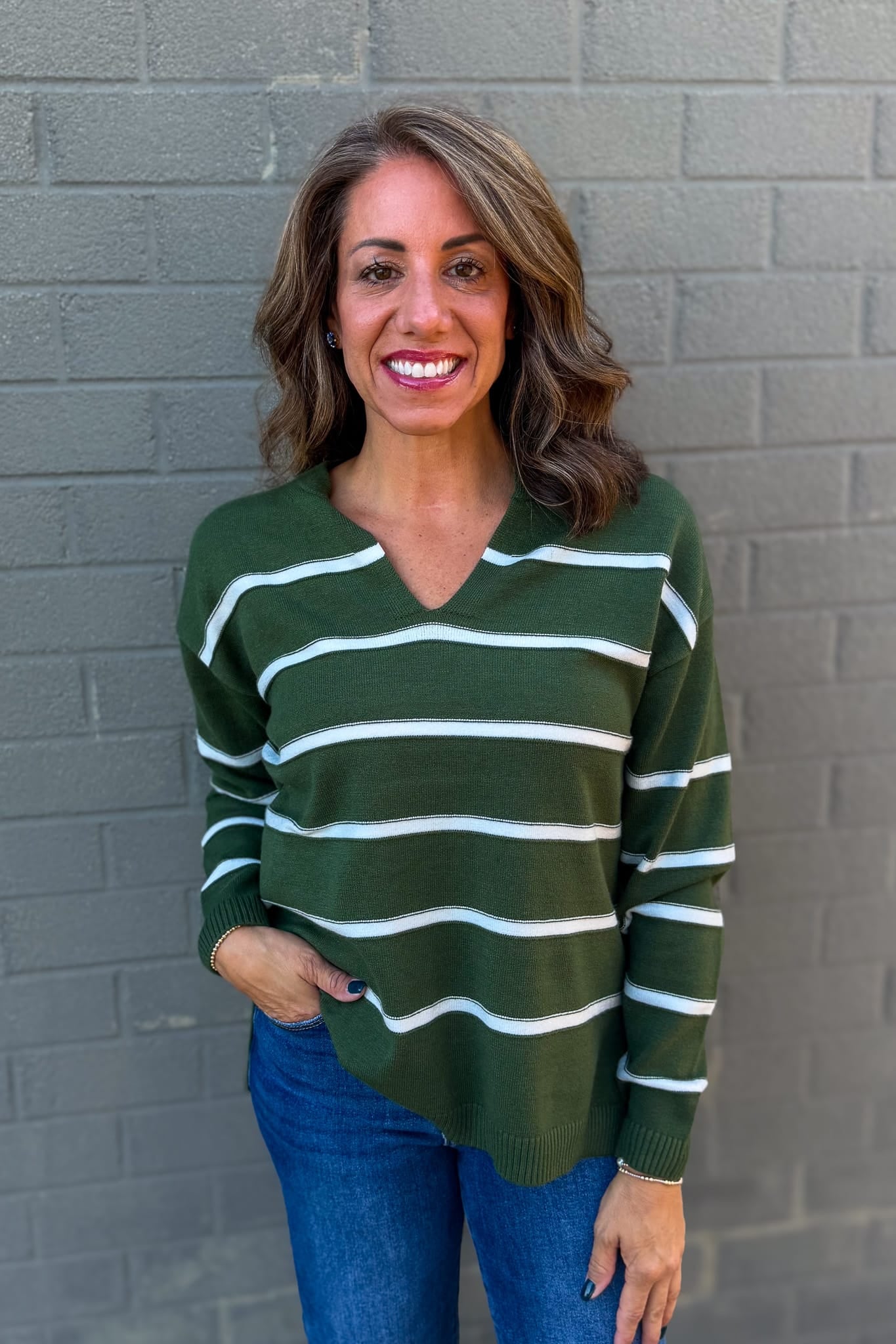 Army Green Stripe Split Neck Sweater