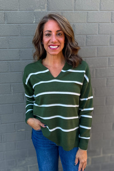 Army Green Stripe Split Neck Sweater