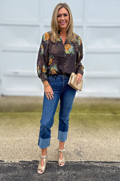 Chocolate Floral Print with Gold Buttons Blouse Styled