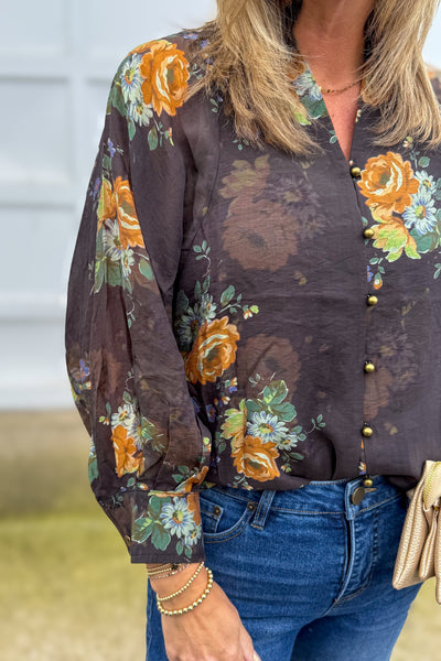 Chocolate Floral Print with Gold Buttons Blouse Detailed