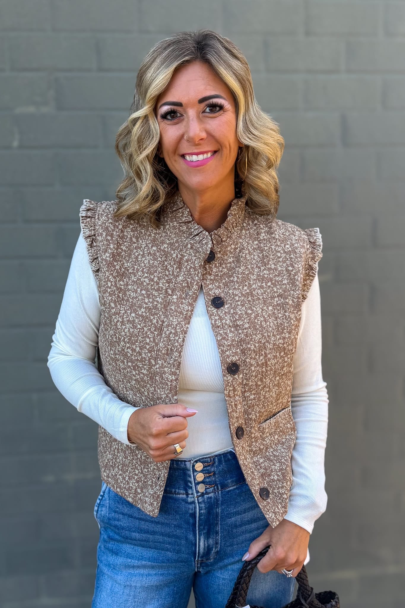 Mocha Floral Ruffle Trim Quilted Vest