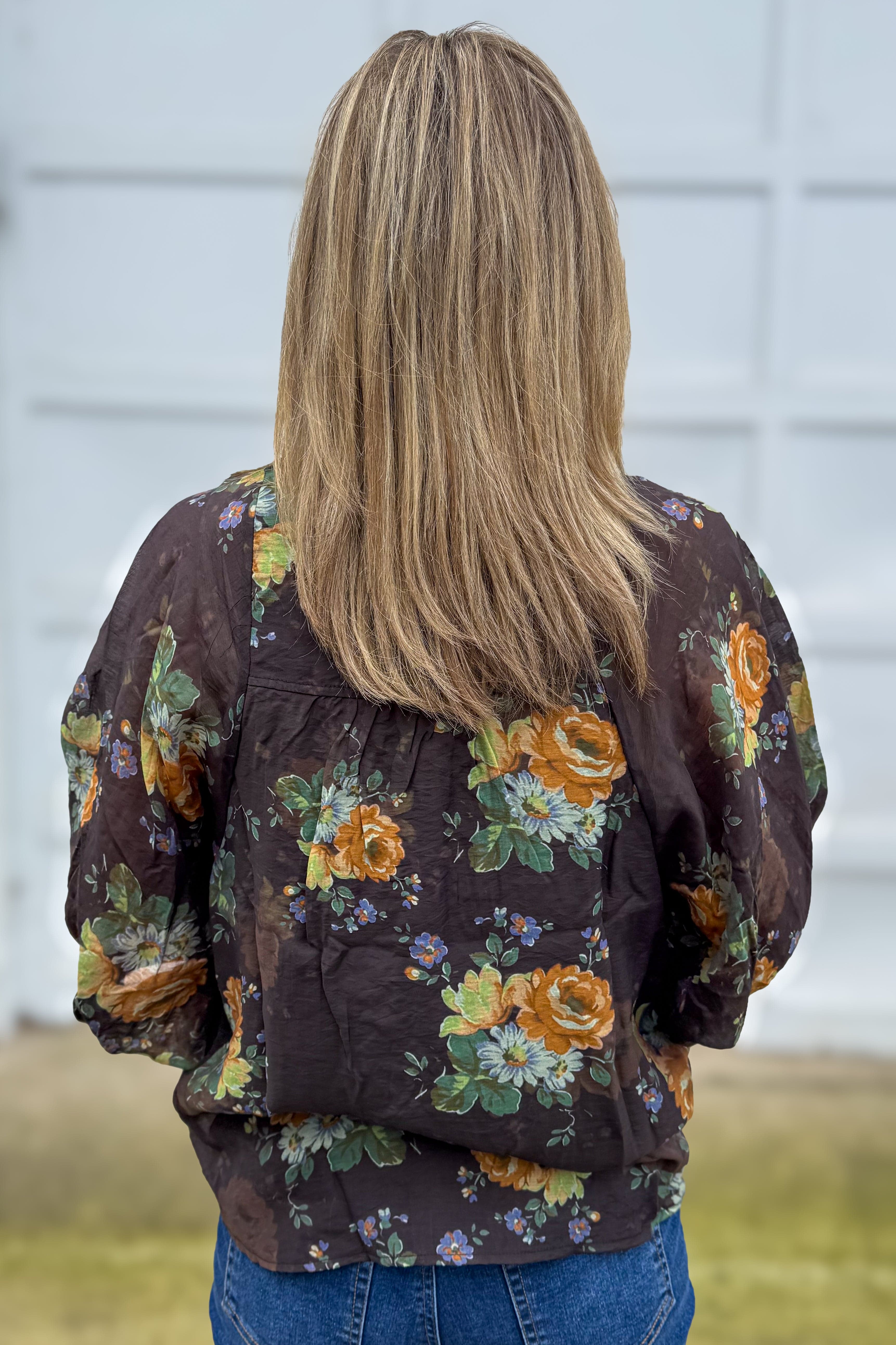 Chocolate Floral Print with Gold Buttons Blouse