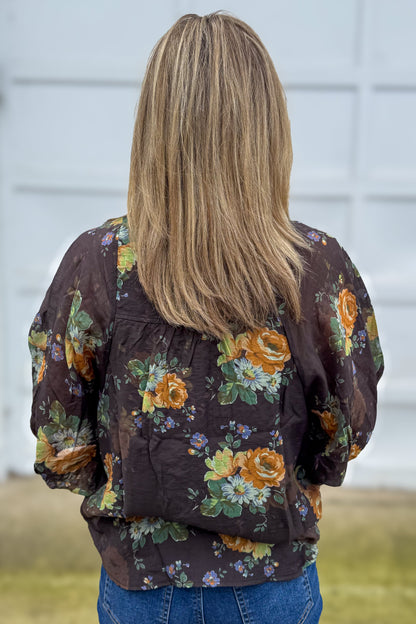 Chocolate Floral Print with Gold Buttons Blouse Back