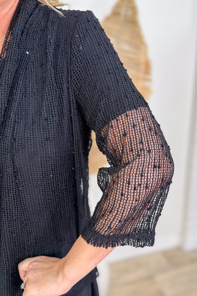 Black Sequin Open Mesh Cardigan detailed