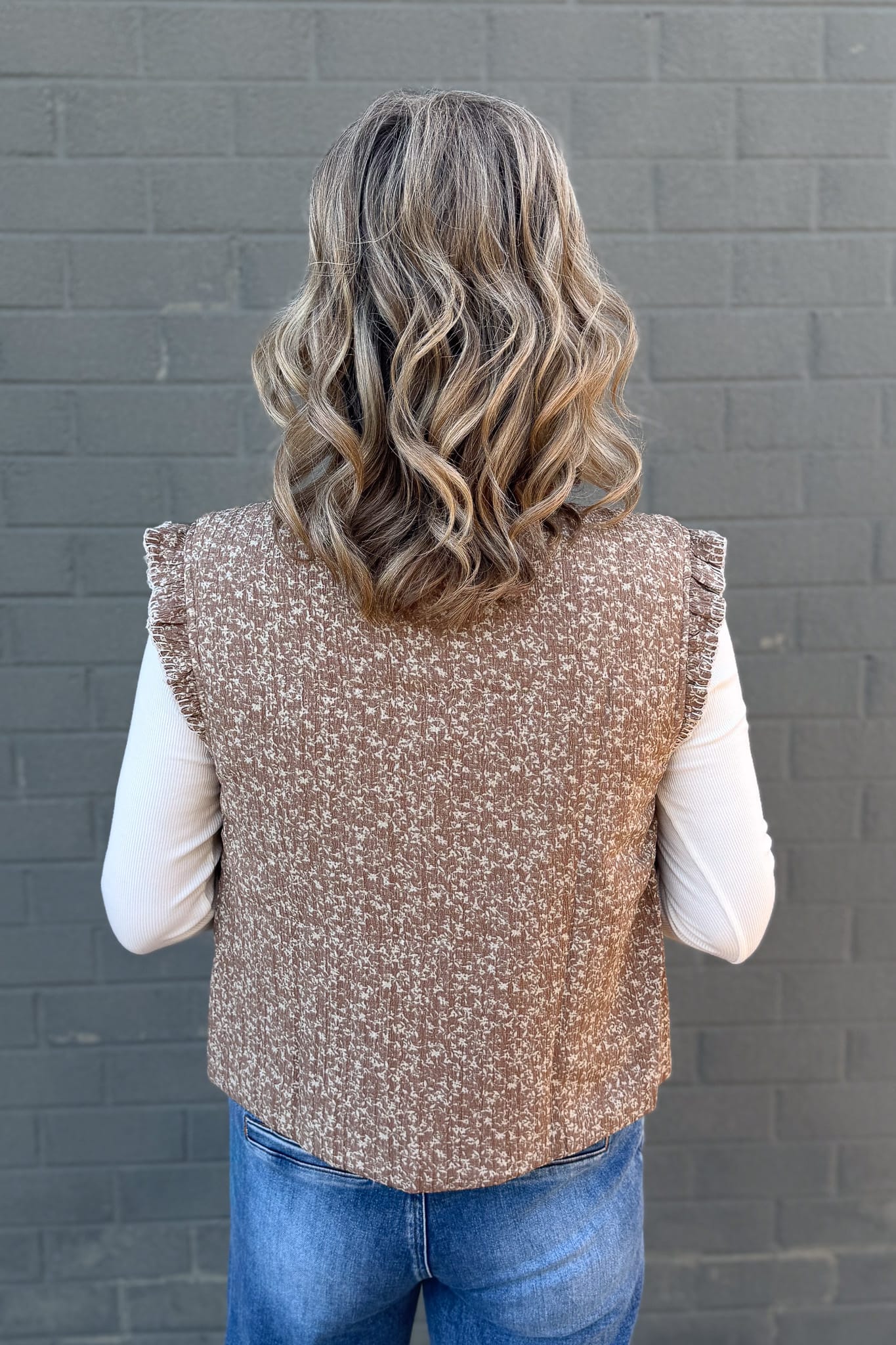 Mocha Floral Ruffle Trim Quilted Vest Back