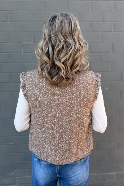 Mocha Floral Ruffle Trim Quilted Vest Back