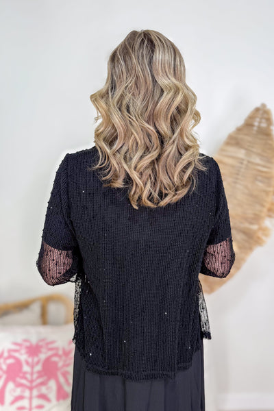 Black Sequin Open Mesh Cardigan back
