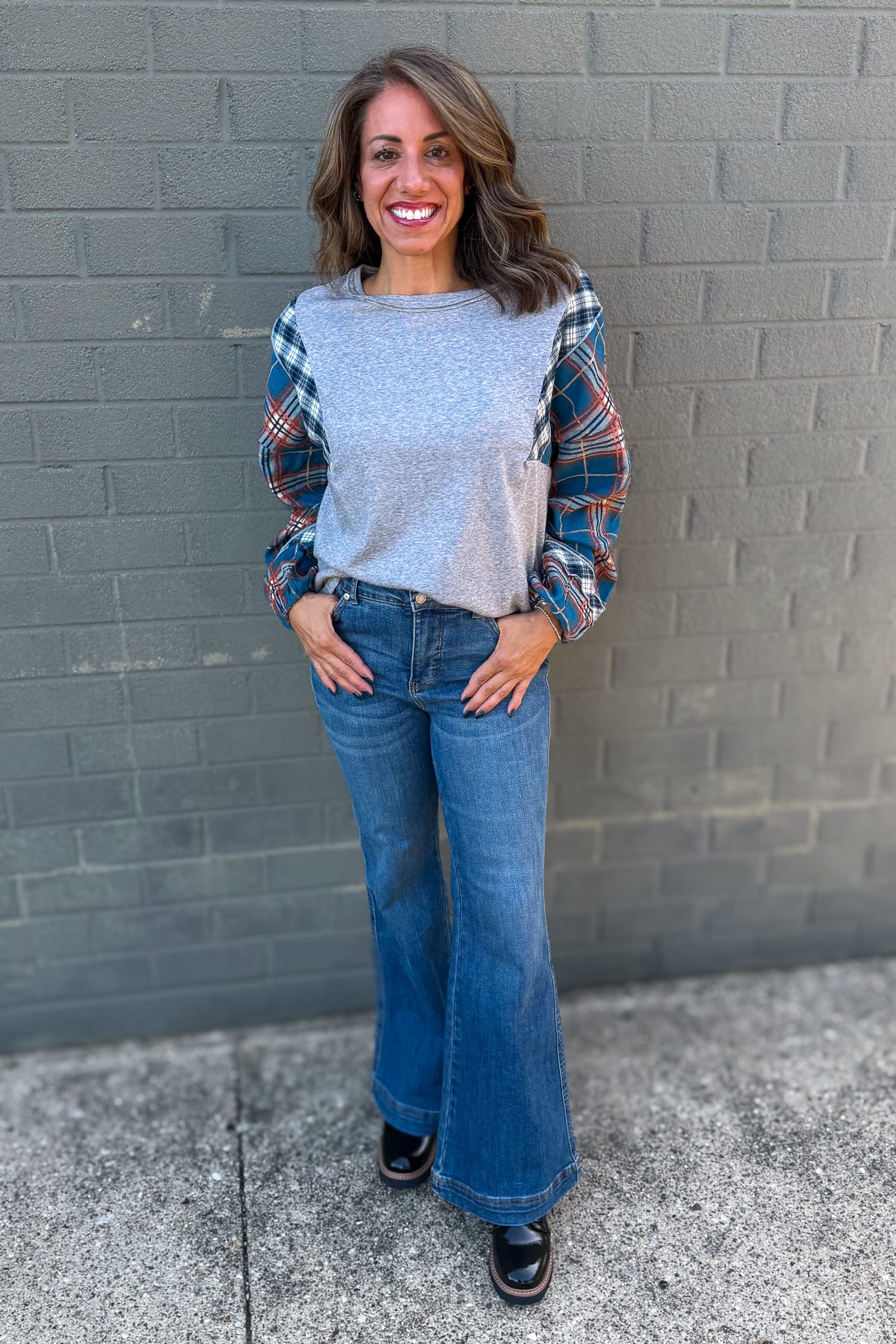Grey Contrast Plaid Sleeve Top Styled
