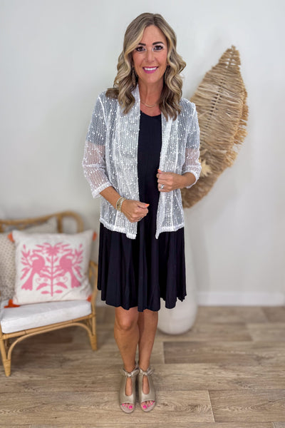 White Sequin Open Mesh Cardigan styled