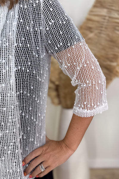 White Sequin Open Mesh Cardigan detailed