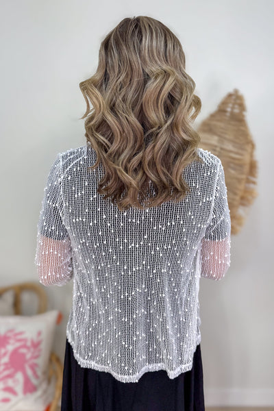 White Sequin Open Mesh Cardigan back