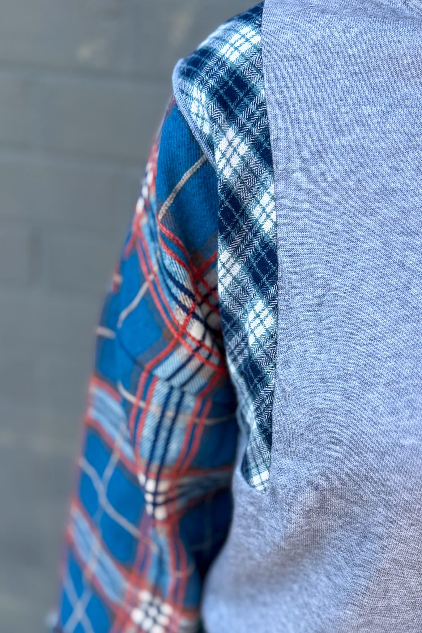 Grey Contrast Plaid Sleeve Top Detailed