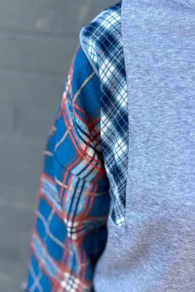 Grey Contrast Plaid Sleeve Top Detailed