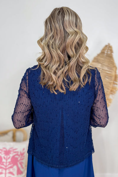 Navy Sequin Open Mesh Cardigan back