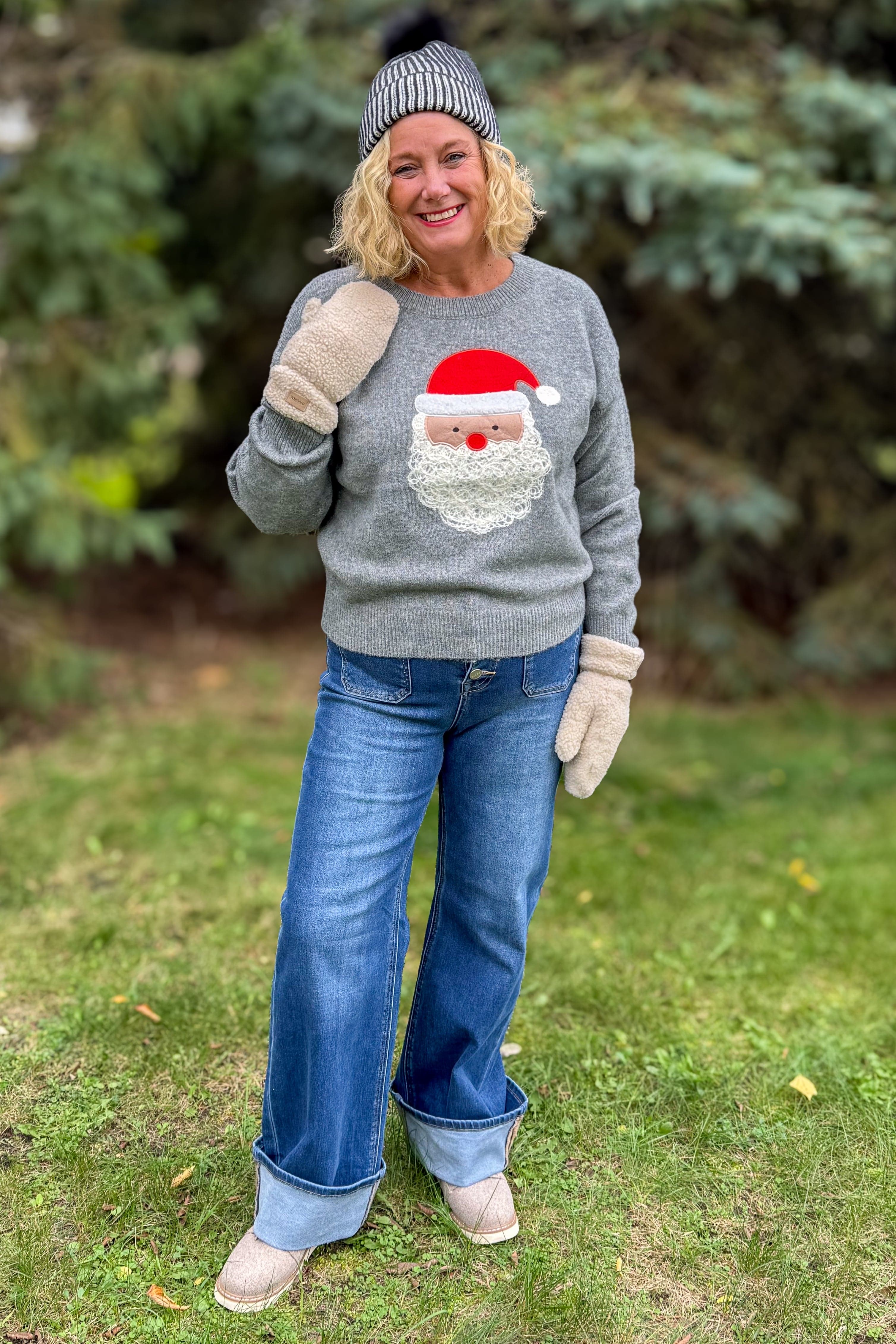 Grey Santa Face Chenille Holiday Sweater Styled