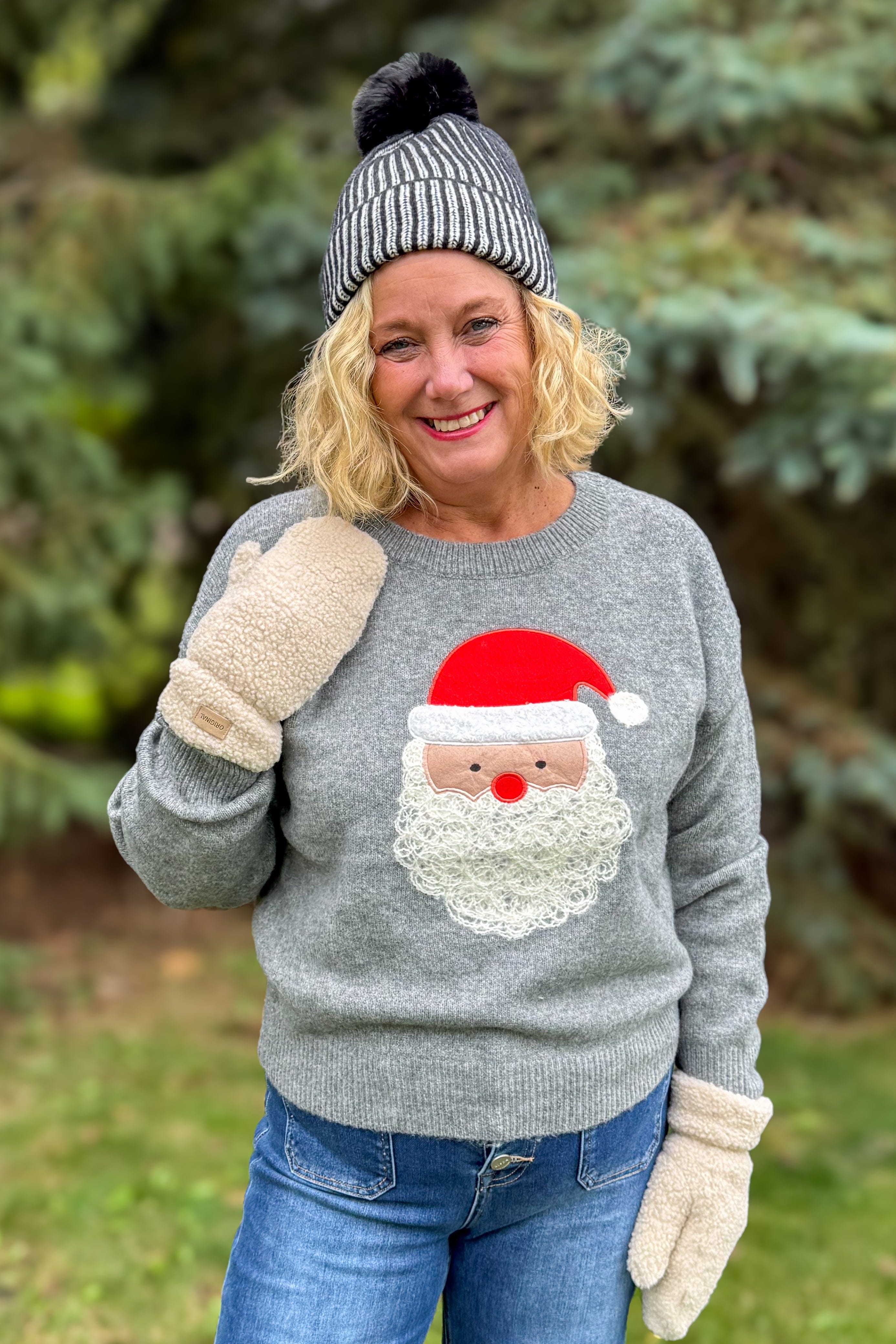 Grey Santa Face Chenille Holiday Sweater