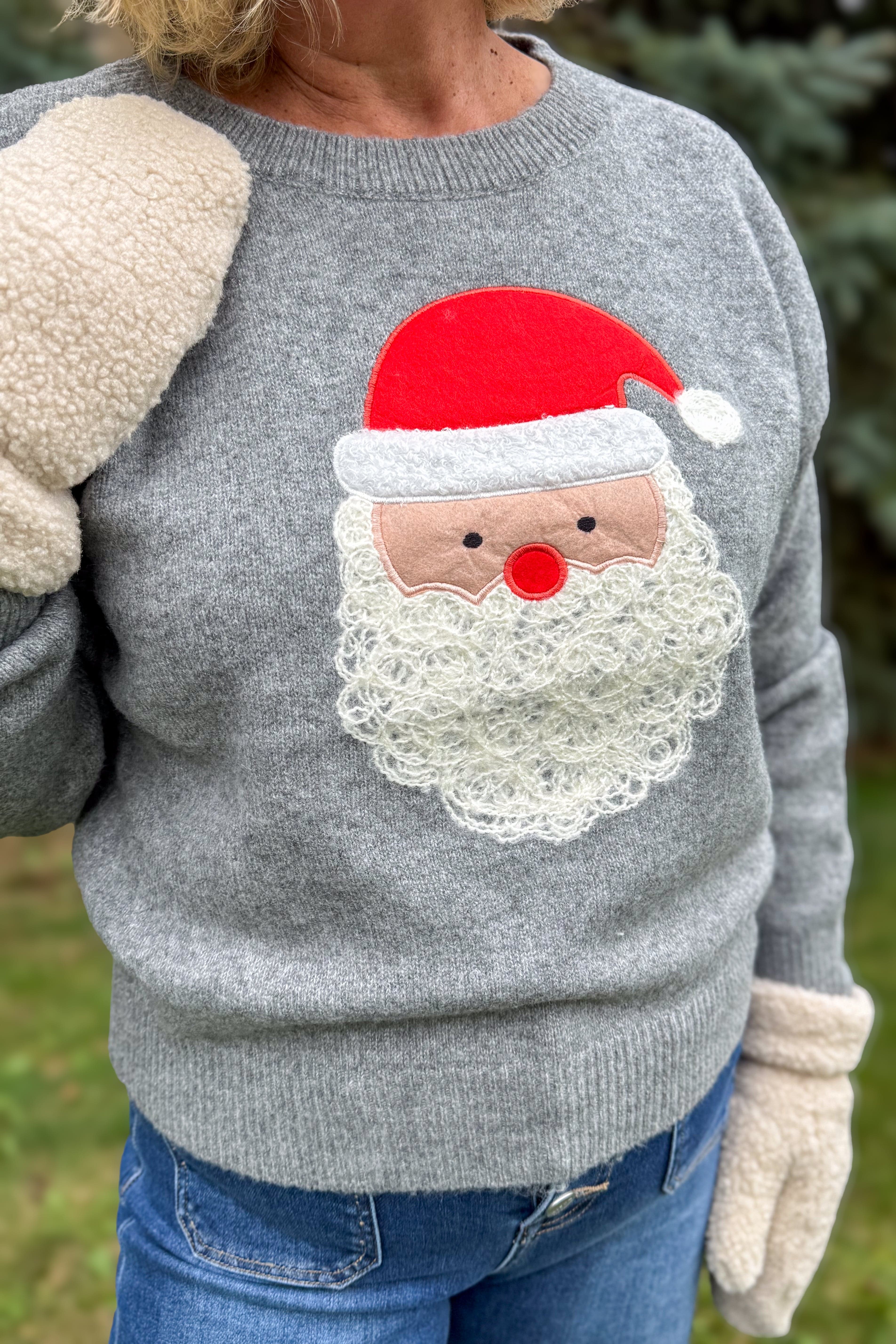 Grey Santa Face Chenille Holiday Sweater Detailed