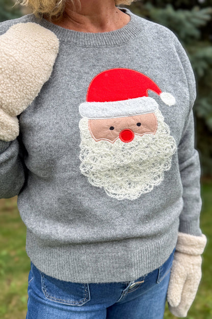 Grey Santa Face Chenille Holiday Sweater Detailed