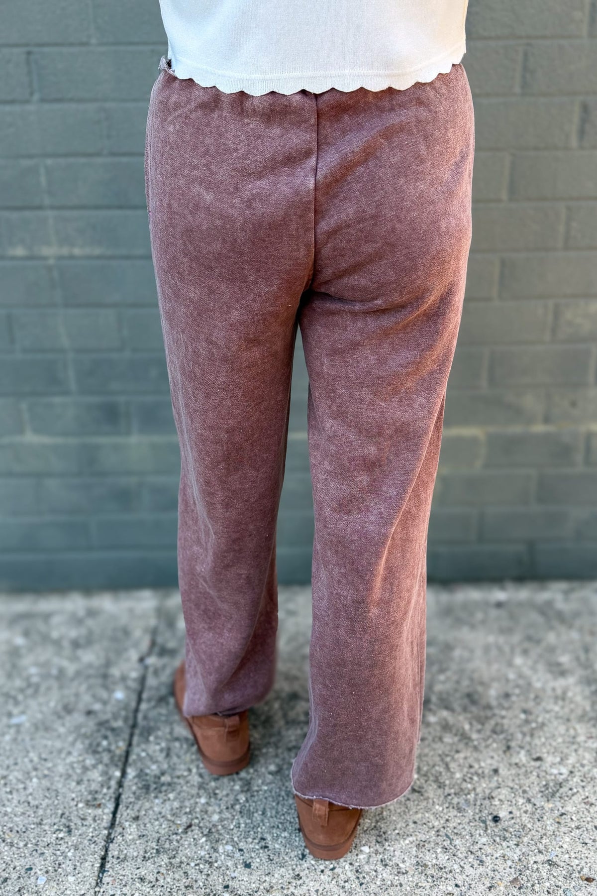 Brown Acid Wash Fleece Palazzo Pants Back