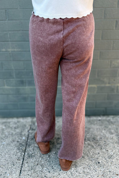 Brown Acid Wash Fleece Palazzo Pants Back