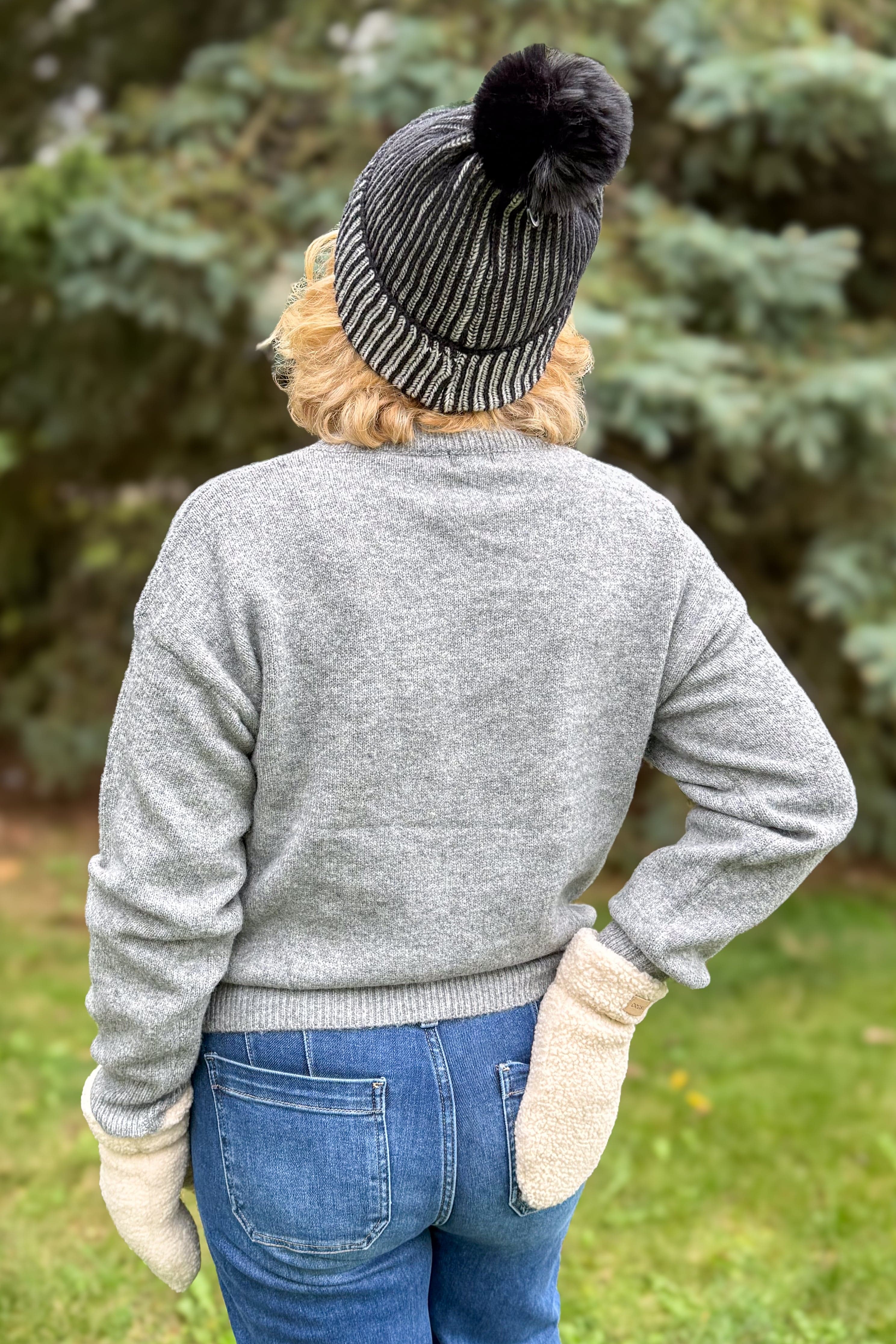 Grey Santa Face Chenille Holiday Sweater Back