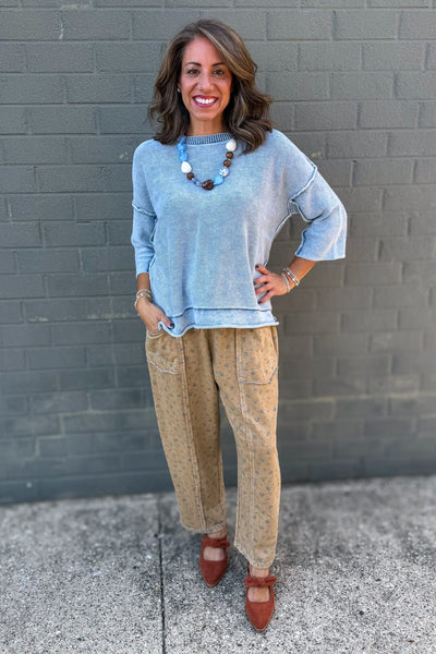 Dusty Blue Washed 3/4 Sleeve Boxy Sweater Styled
