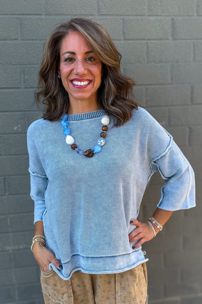 Dusty Blue Washed 3/4 Sleeve Boxy Sweater
