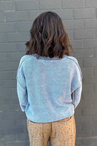 Dusty Blue Washed 3/4 Sleeve Boxy Sweater Back