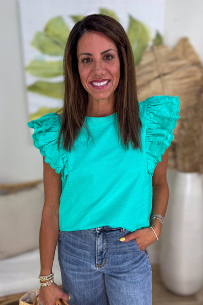 Turquoise Scalloped Ruffle Sleeve Top detailed