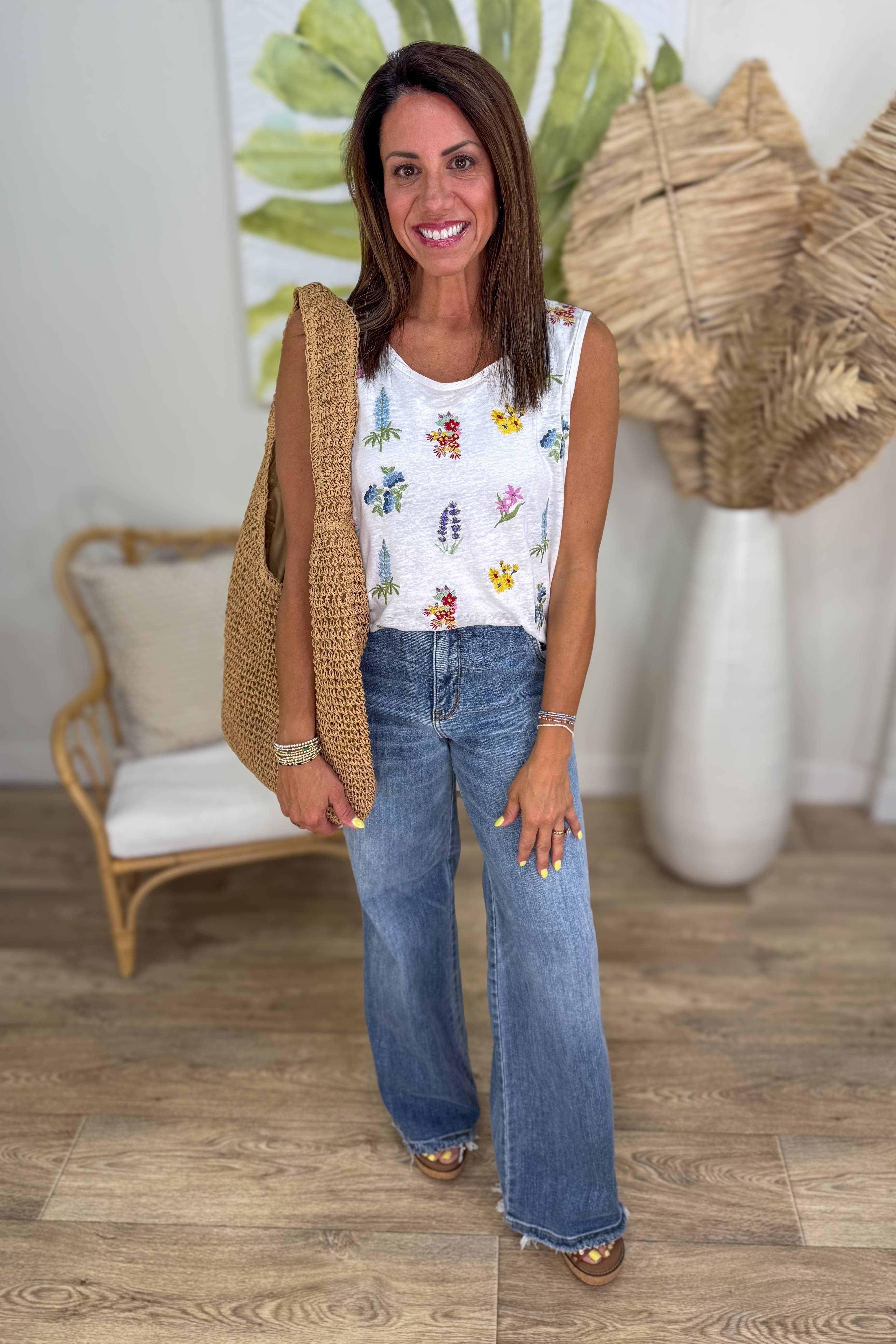 White Floral Embroidered Tank