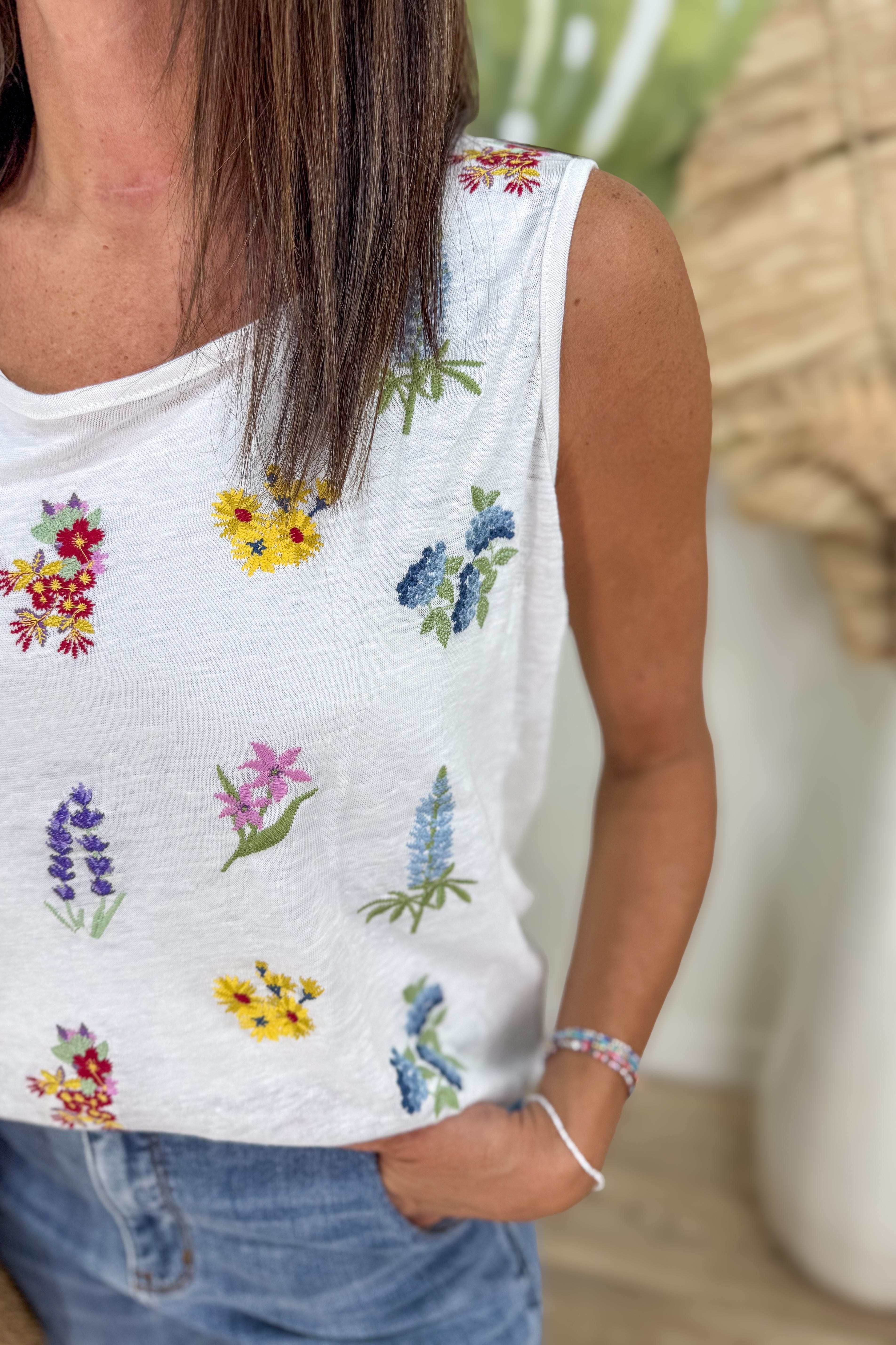 White Floral Embroidered Tank detailed