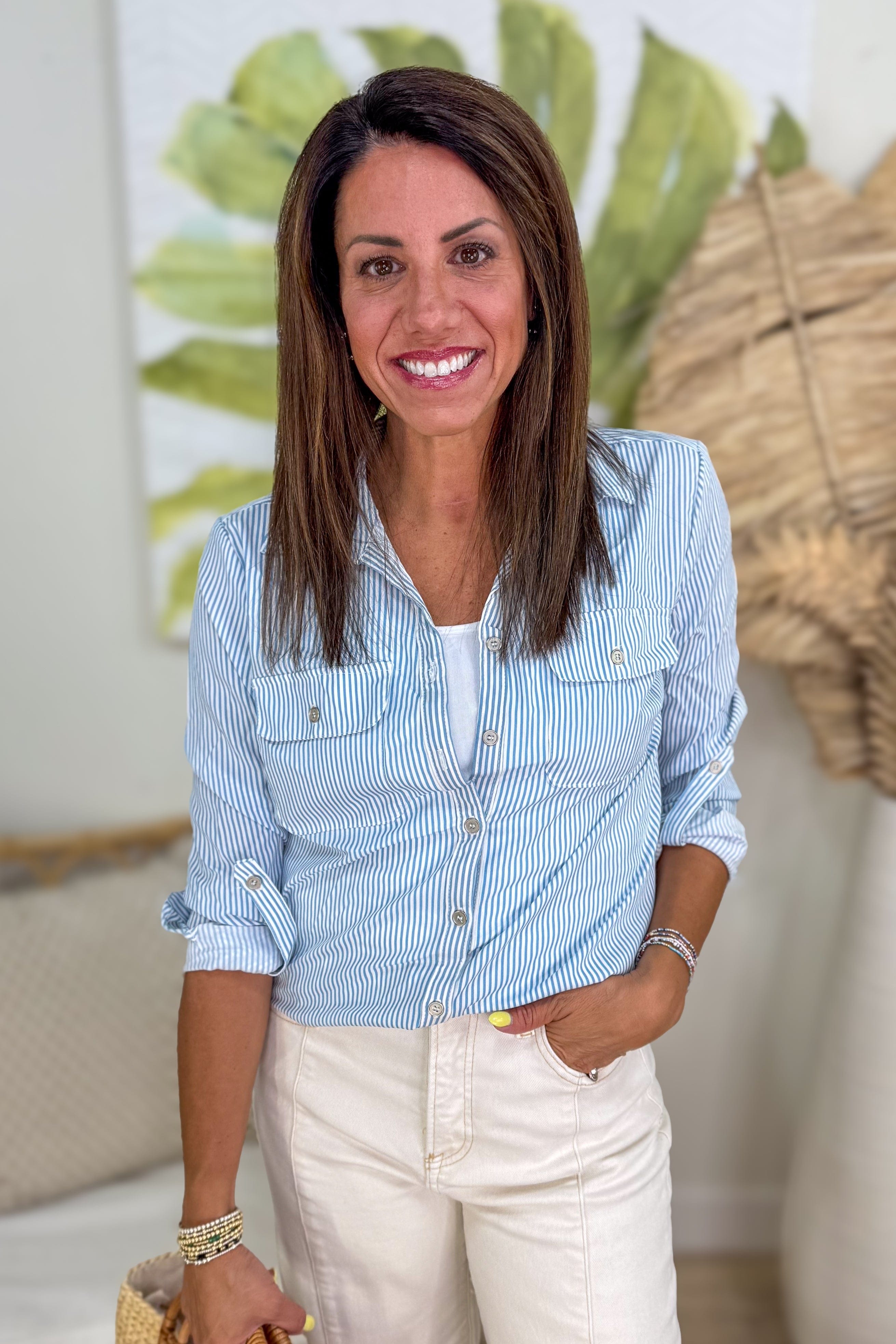 Blue & White Stripe Pocket Button Down Shirt detailed