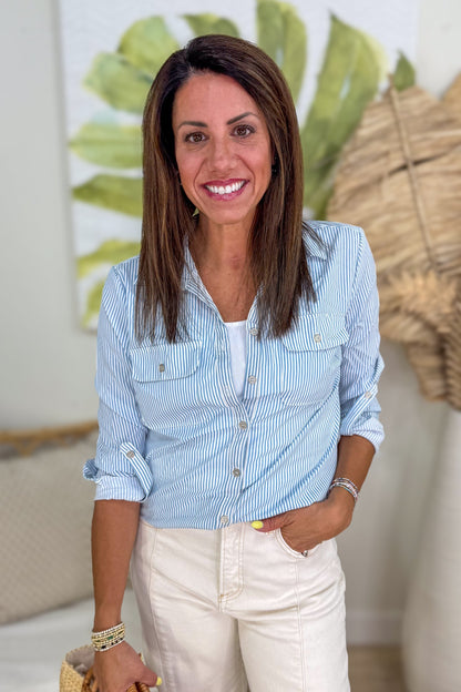 Blue & White Stripe Pocket Button Down Shirt detailed