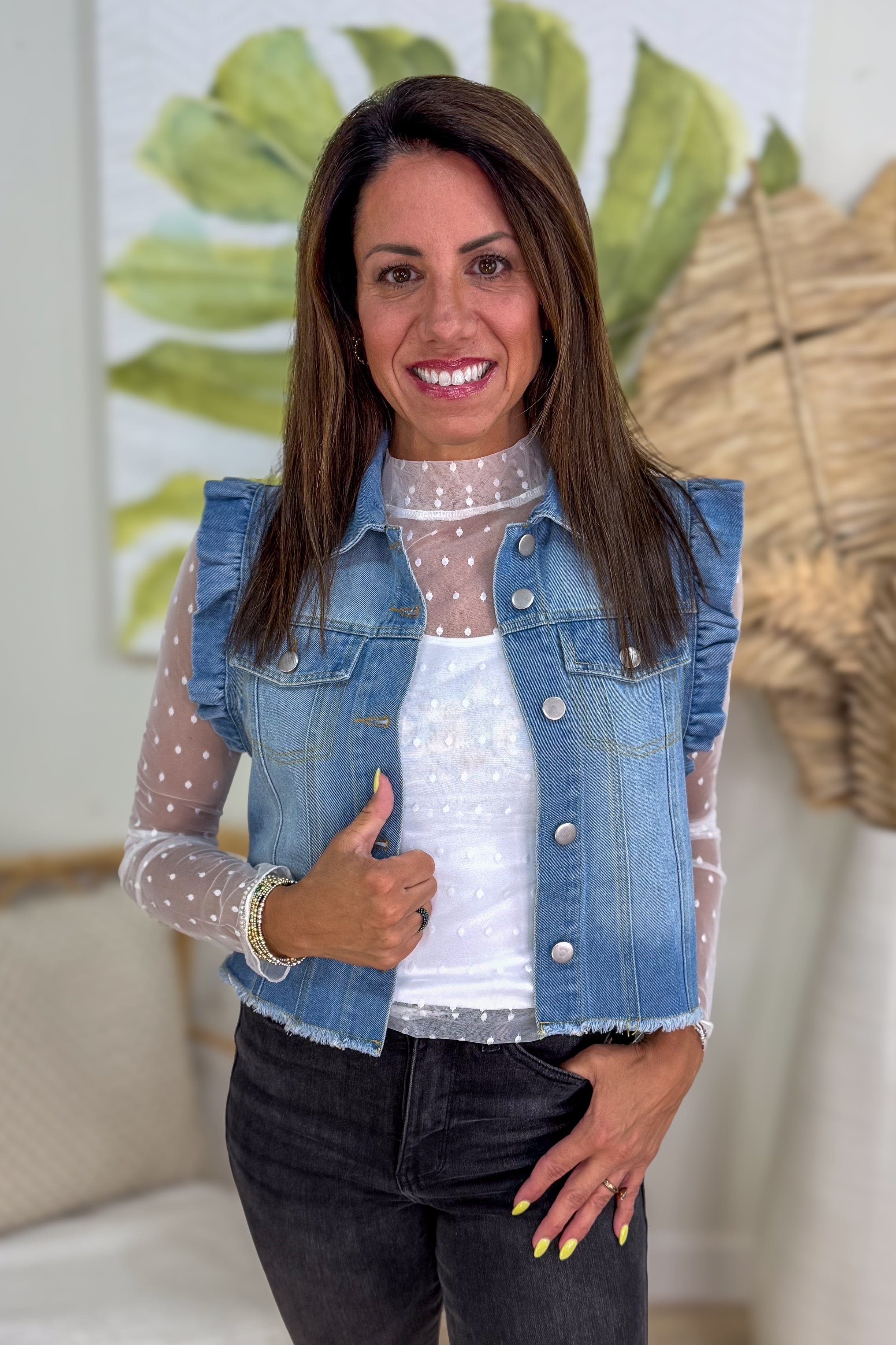 Light Blue Ruffle Denim Vest detailed