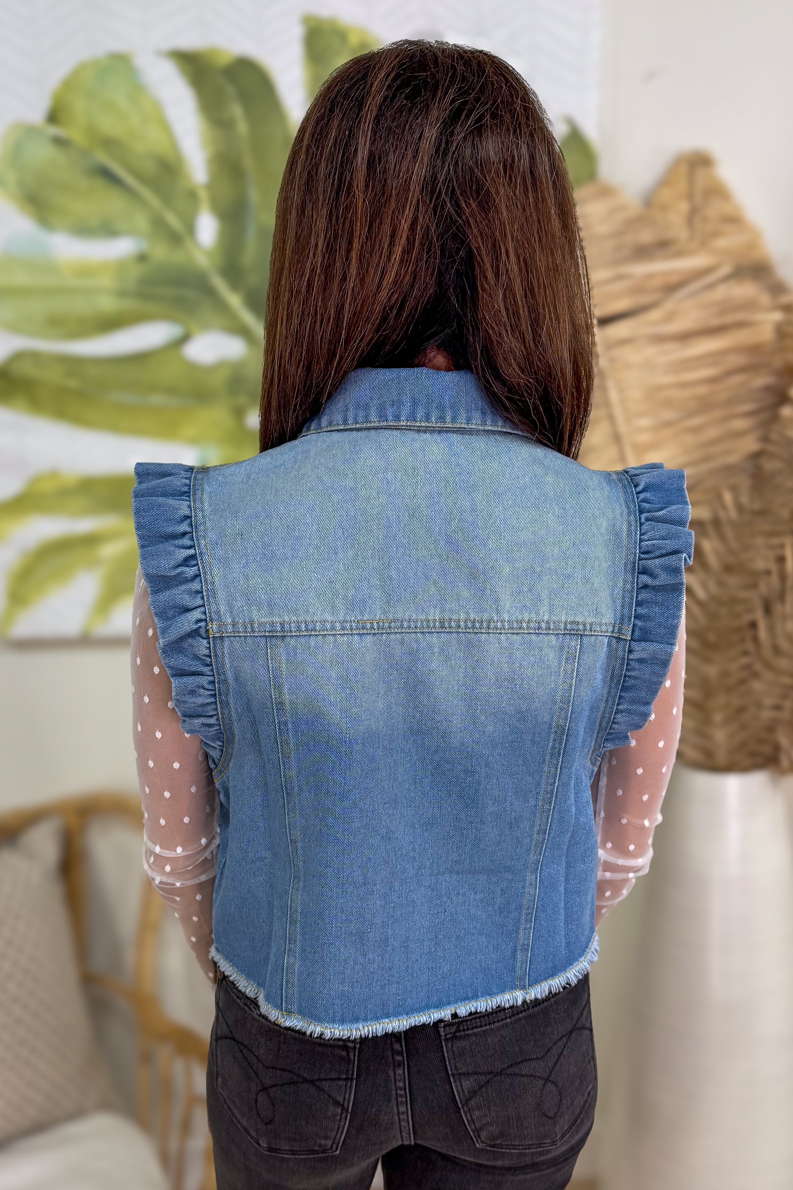 Light Blue Ruffle Denim Vest back