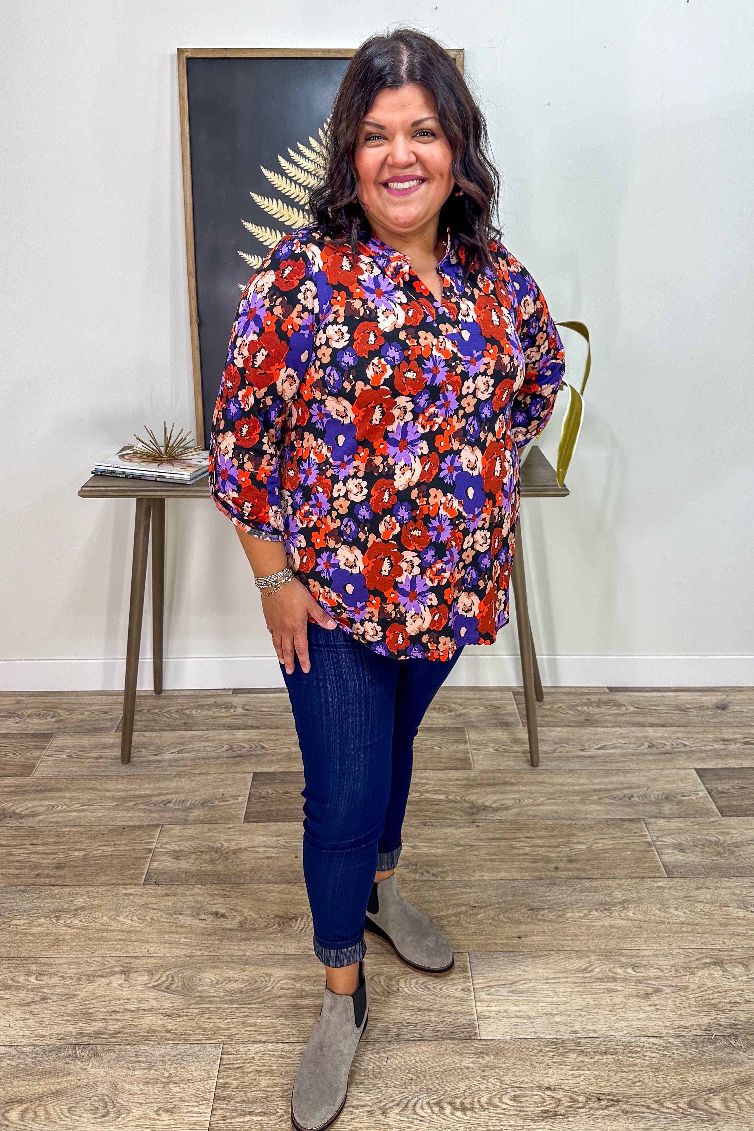 Purple & Orange Floral Lizzy Top styled