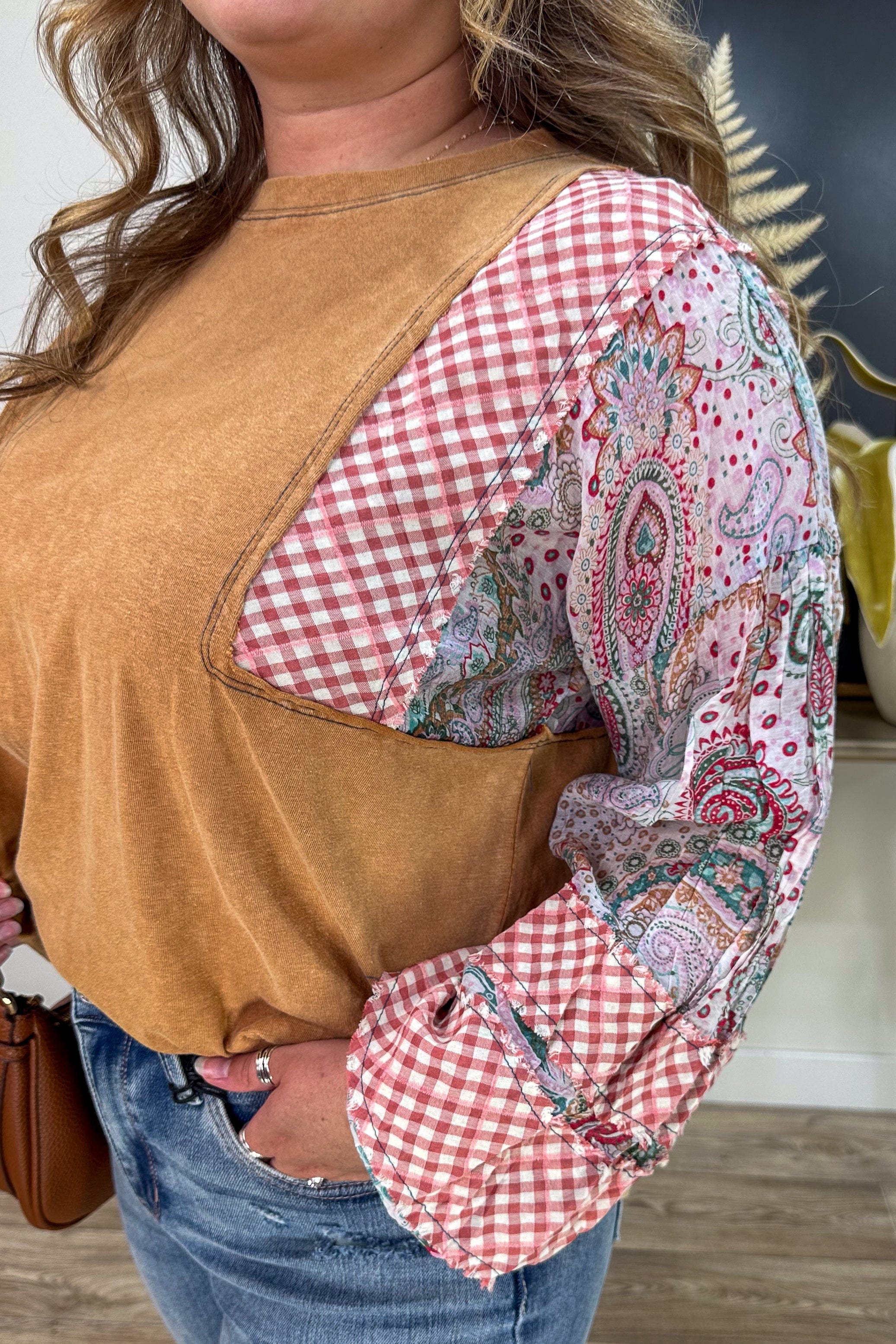 Camel Blouse with Printed Sleeves