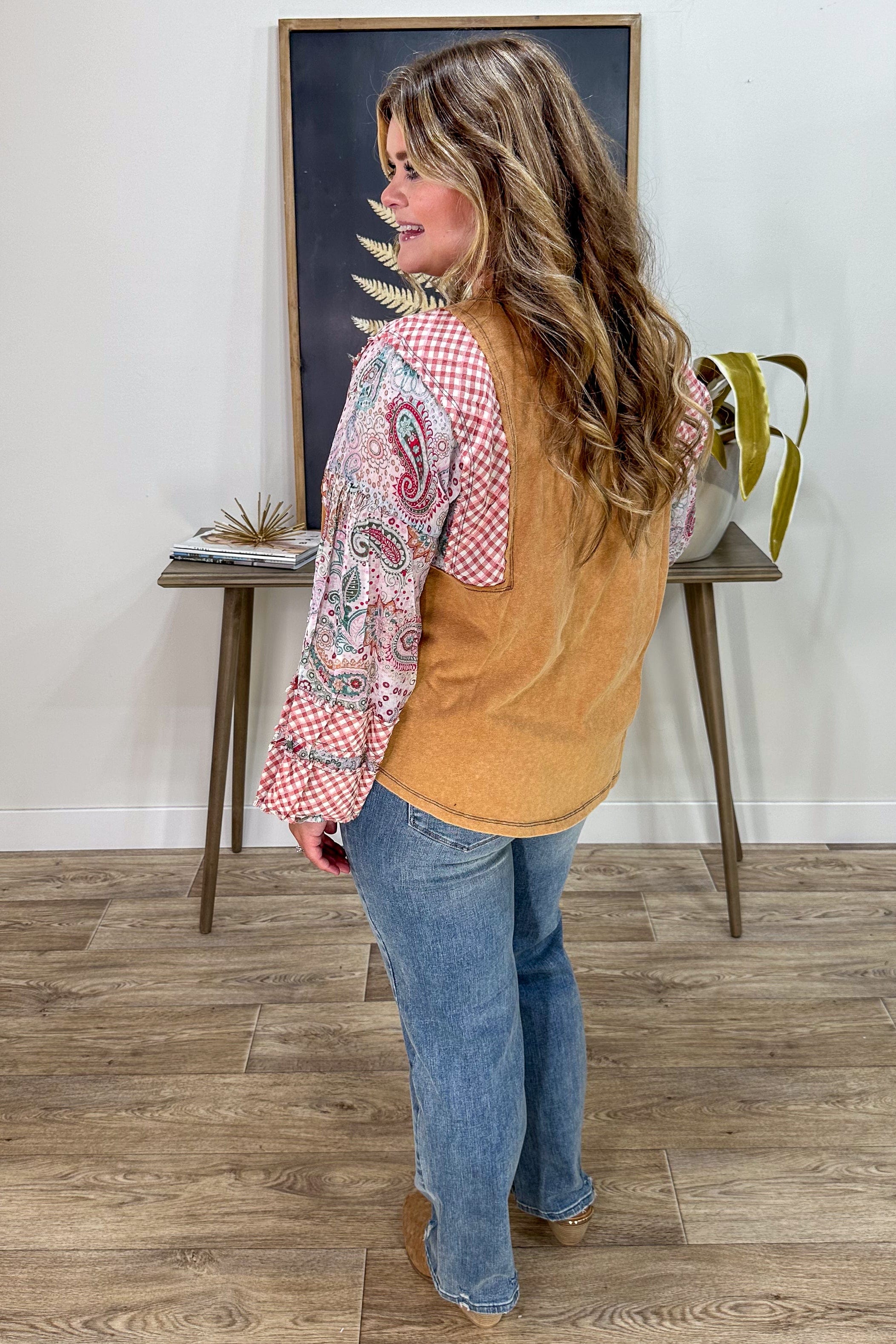 Camel Blouse with Printed Sleeves