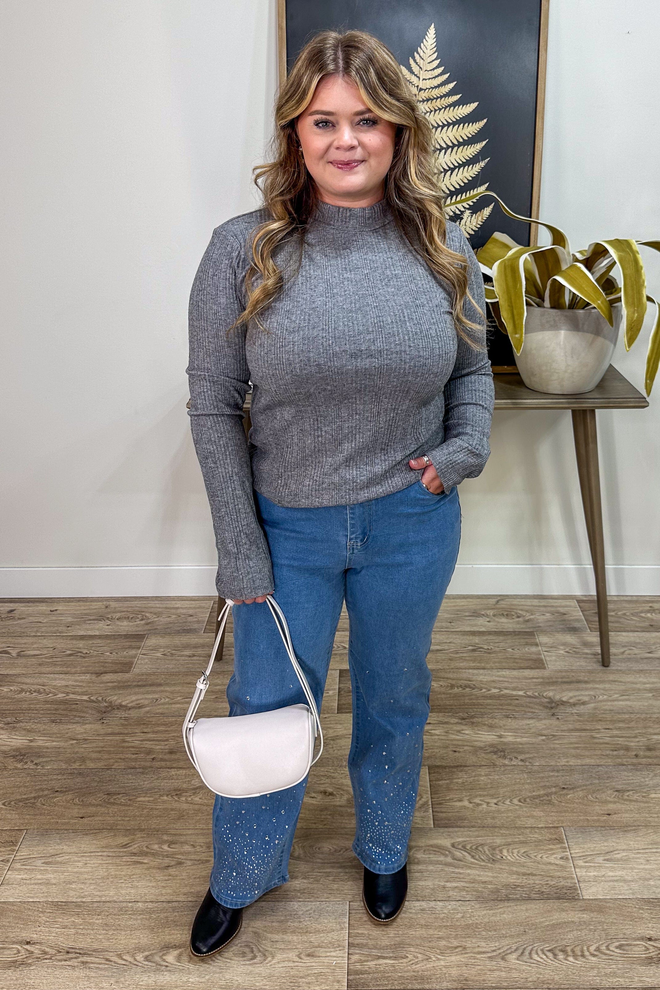 Grey Mock Neck Knit Top