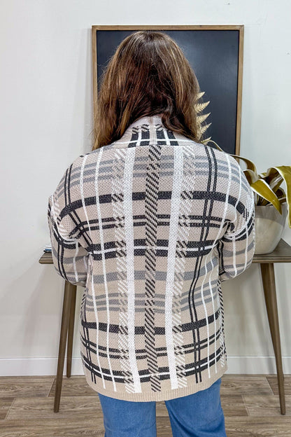 Beige & Grey Plaid Cardigan back