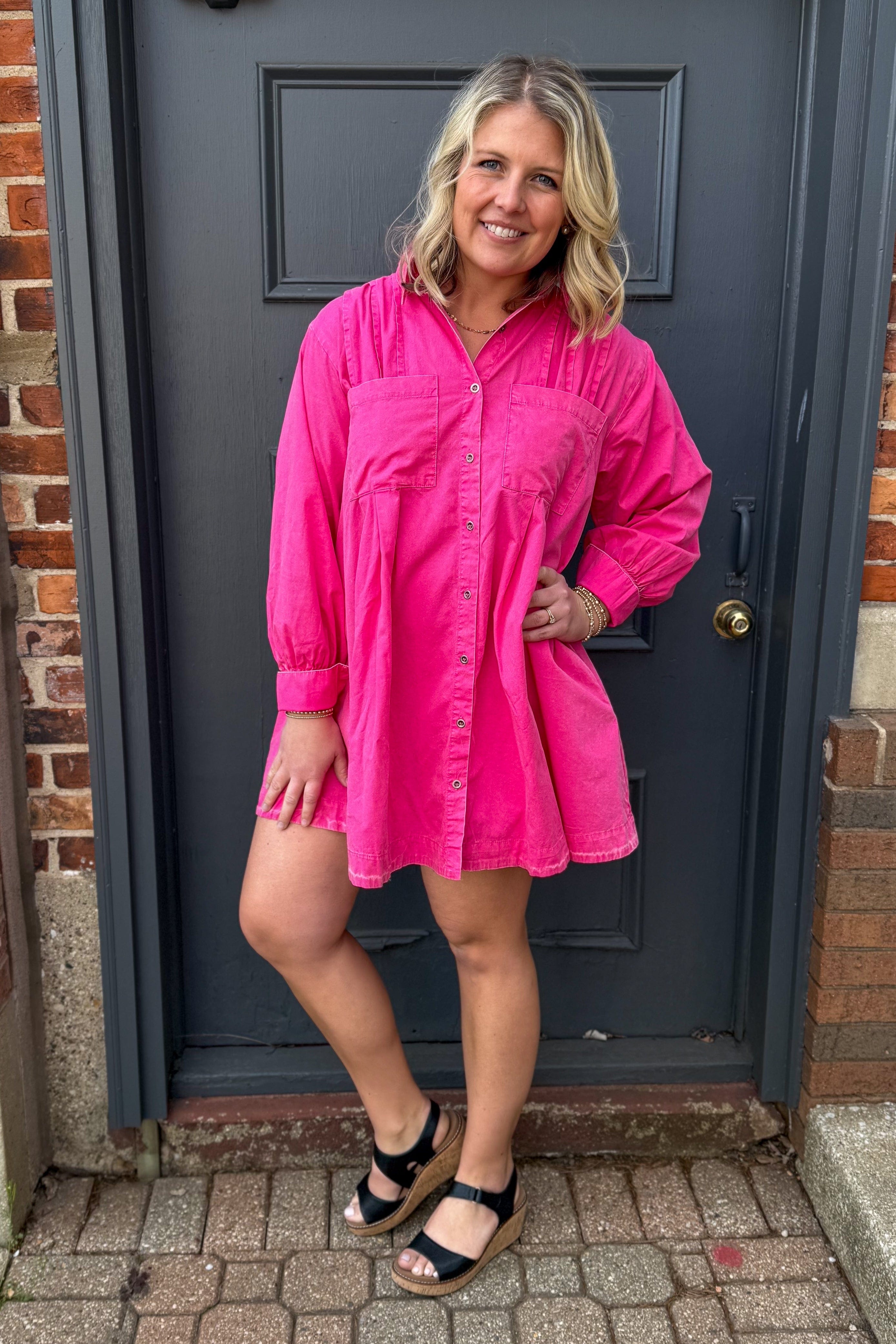 Hot Pink Long Sleeve Button Tunic Dress