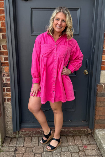 Hot Pink Long Sleeve Button Tunic Dress