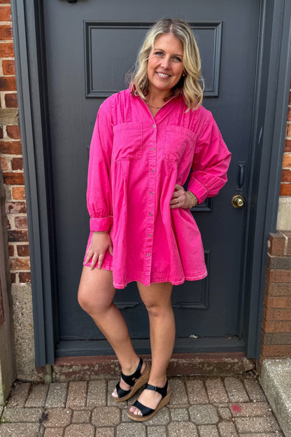 Hot Pink Long Sleeve Button Tunic Dress
