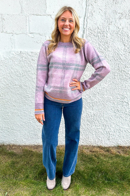 Lavender Checked Sweater styled