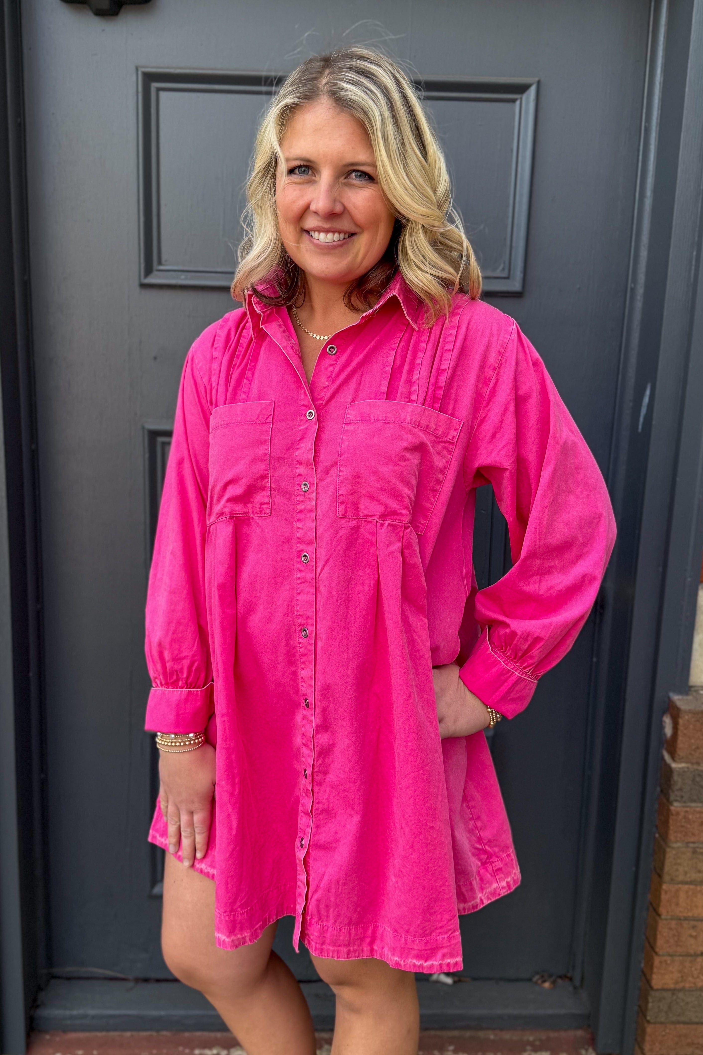 Hot Pink Long Sleeve Button Tunic Dress, detailed