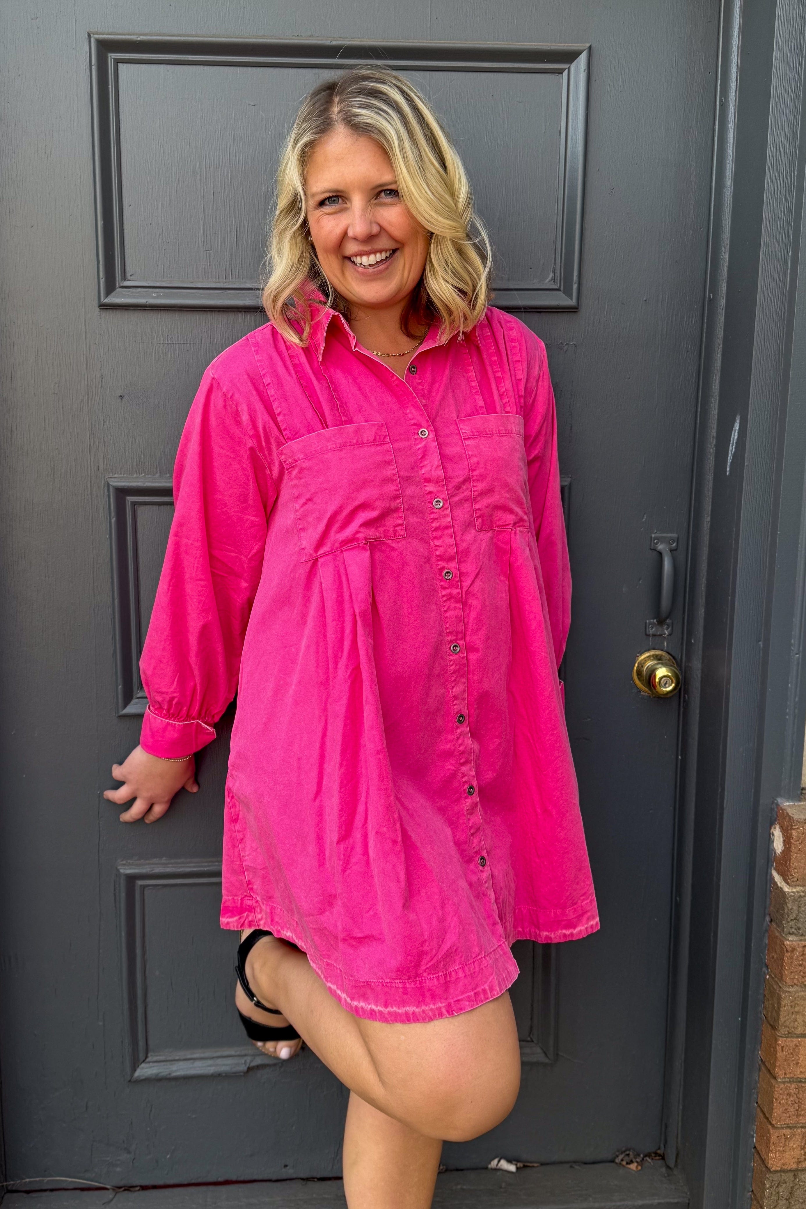 Hot Pink Long Sleeve Button Tunic Dress styled