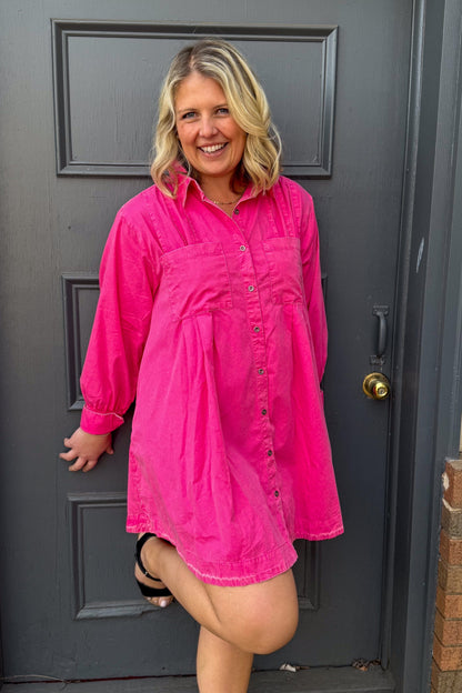 Hot Pink Long Sleeve Button Tunic Dress styled