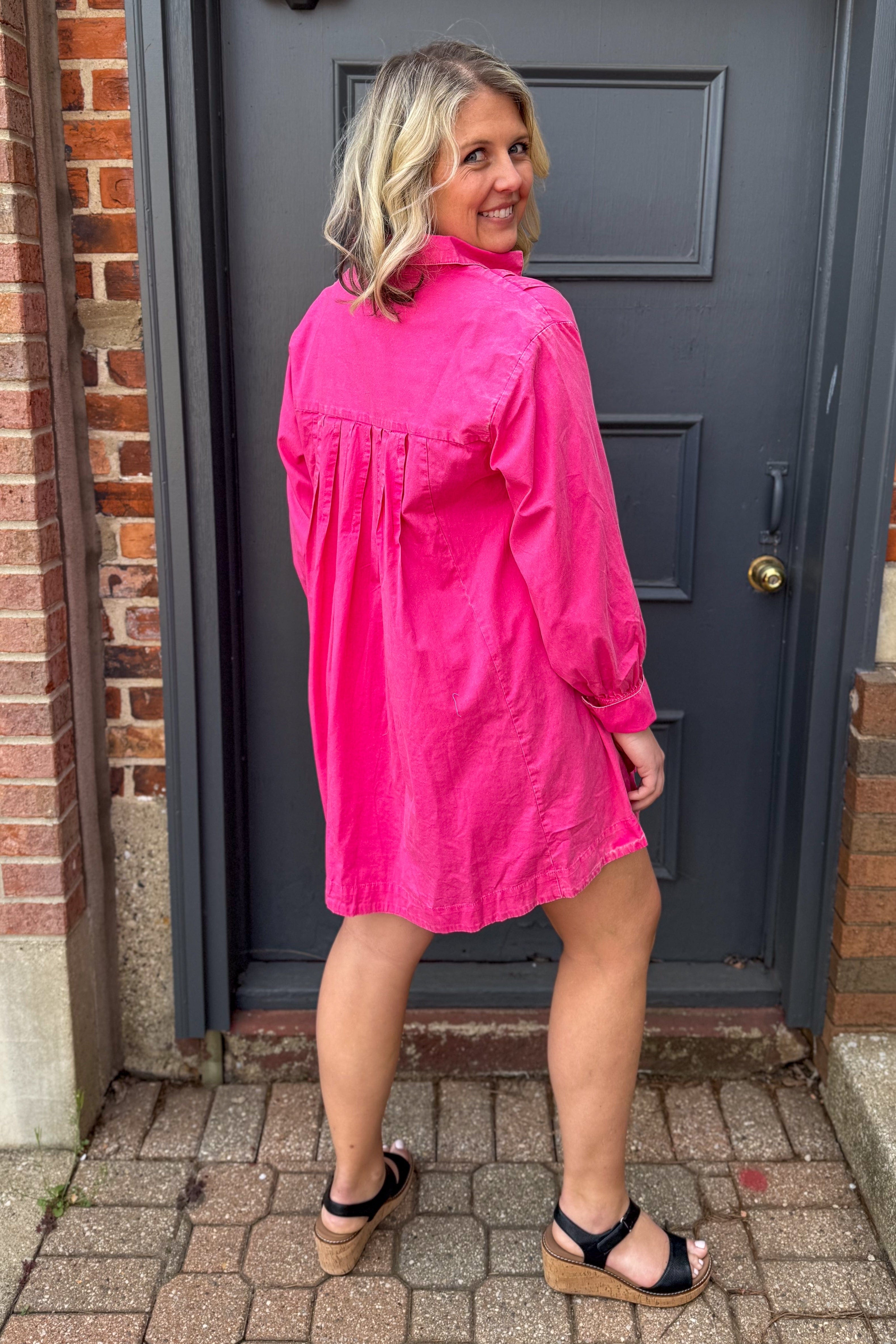 Hot Pink Long Sleeve Button Tunic Dress back